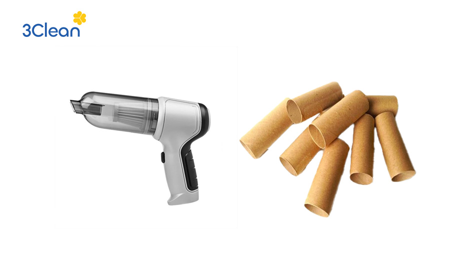 Dùng máy hút bụi kết hợp lõi giấy vệ sinh để hút sạch bụi trong các khe nhỏ và góc hẹp của cửa sổ.