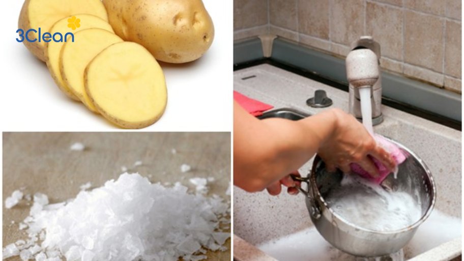 Cách làm sạch nồi inox bị cháy khét bằng khoai tây và muối