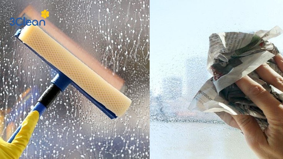 Cách làm sạch kính nhà tắm bằng giấy báo hoặc gạt kính chuyên dụng