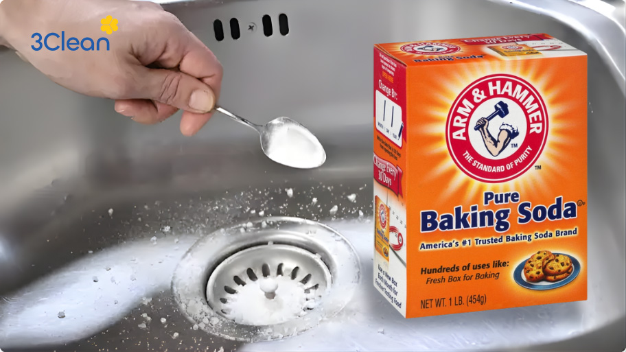 Với đặc tính kiềm nhẹ, baking soda giúp loại bỏ mảng bám cứng đầu bám trên bồn rửa