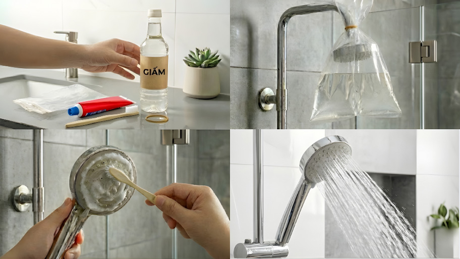 Cách vệ sinh vòi hoa sen bị tắc bằng kem đánh răng kết hợp với giấm