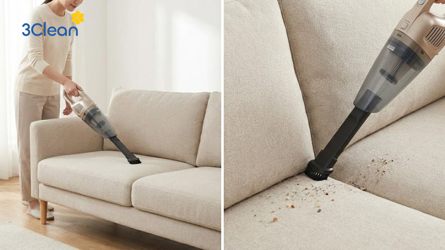 Sử dụng máy hút bụi để làm sạch toàn bộ bề mặt ghế sofa vải