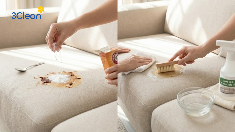 Xử lý vết bẩn cứng đầu trên ghế sofa vải như dầu mỡ, cà phê, thức ăn khô